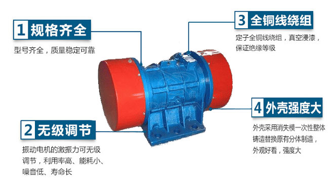 VB振動電機特點：1，規格齊全：型號齊全，質量穩定可靠。2，無極調節：振動電機的激振力可無極調節，利用率高，能耗小，噪音低，壽命長。4，外殼輕度大：外殼采用消失模一次性整體鑄造替換原有分體制造，外觀好看，強度大。