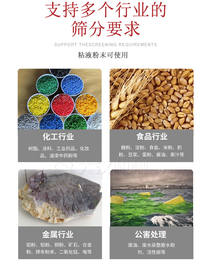 適用于化工行業(yè)，食品行業(yè)，金屬行業(yè)，以及公害處理等行業(yè)。化工行業(yè)：樹脂，涂料，工業(yè)藥品，化妝品，油漆，中藥粉等;食品行業(yè)：糖粉，淀粉，食用鹽，米粉，奶粉，豆?jié){，蛋粉，醬油，果汁等;金屬行業(yè)：鋁粉，鉛粉，銅粉，礦石，合金粉，焊條粉末，二氧化錳，電等。公害處理：廢油，廢水染整廒水助劑，活性炭等。超聲波振動(dòng)篩支持挑選定制常見的有：不銹鋼，碳鋼，全不銹鋼三種規(guī)格。不銹鋼：耐腐蝕，耐高溫適合化工行業(yè),碳鋼：鋼性強(qiáng)，硬度高經(jīng)久耐用,全不銹鋼：機(jī)身經(jīng)久耐用不易生銹不易腐蝕超聲波振動(dòng)篩共有一到四層可供選擇。大漢超聲波振動(dòng)篩優(yōu)勢(shì)：篩分效率高，篩分精度高，產(chǎn)量可提高0.5-10倍適用于：大米，米粉，綠豆，小米等。輕松解決堵網(wǎng)問(wèn)題適用10目-635目之間的物料。