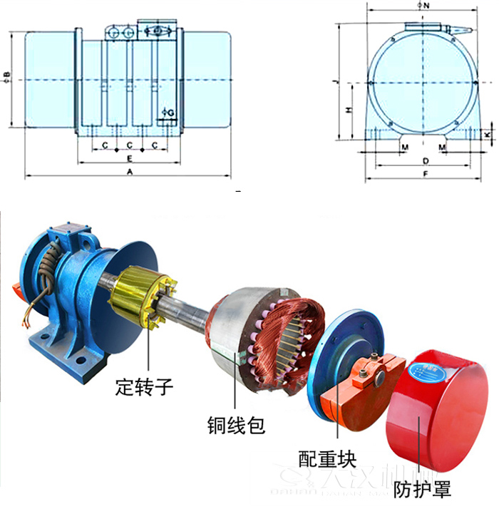 YZS振動電機(jī)內(nèi)部主要部件：定轉(zhuǎn)子，銅線包，配重塊，防護(hù)罩。
